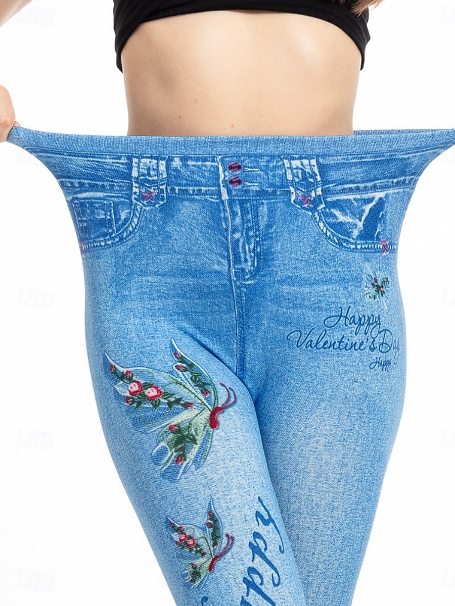 Dames Leggings Verontruste spijkerbroek Vakantie Vintage Casual Volledige lengte Hoge taille Bloemig Vlinder Elastische tailleband Opdrukken Zacht Comfortabel Rekbaar Buiten Straat blauw Luchtblauw 2026 - $24.99 –P12