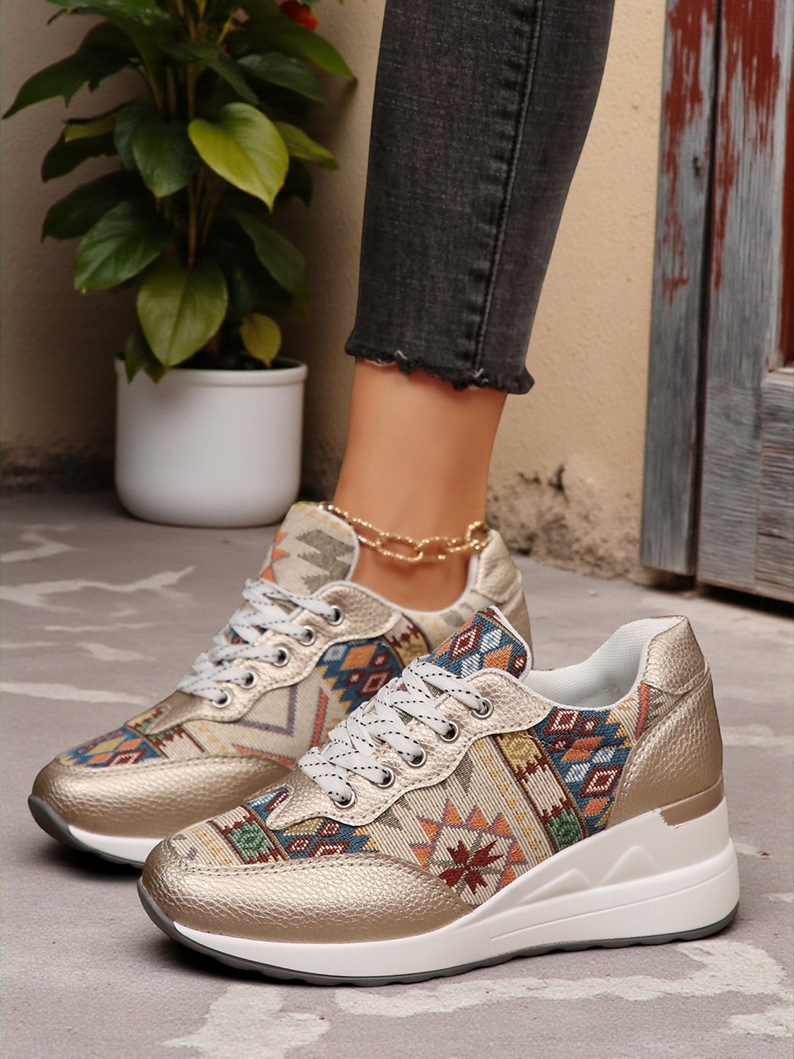 sneakers con zeppa dorate da donna – scarpe da ginnastica con plateau e lacci con stampa etnica per abbigliamento casual da strada e viaggi del fine settimana del 2026 a $34.99 –P4