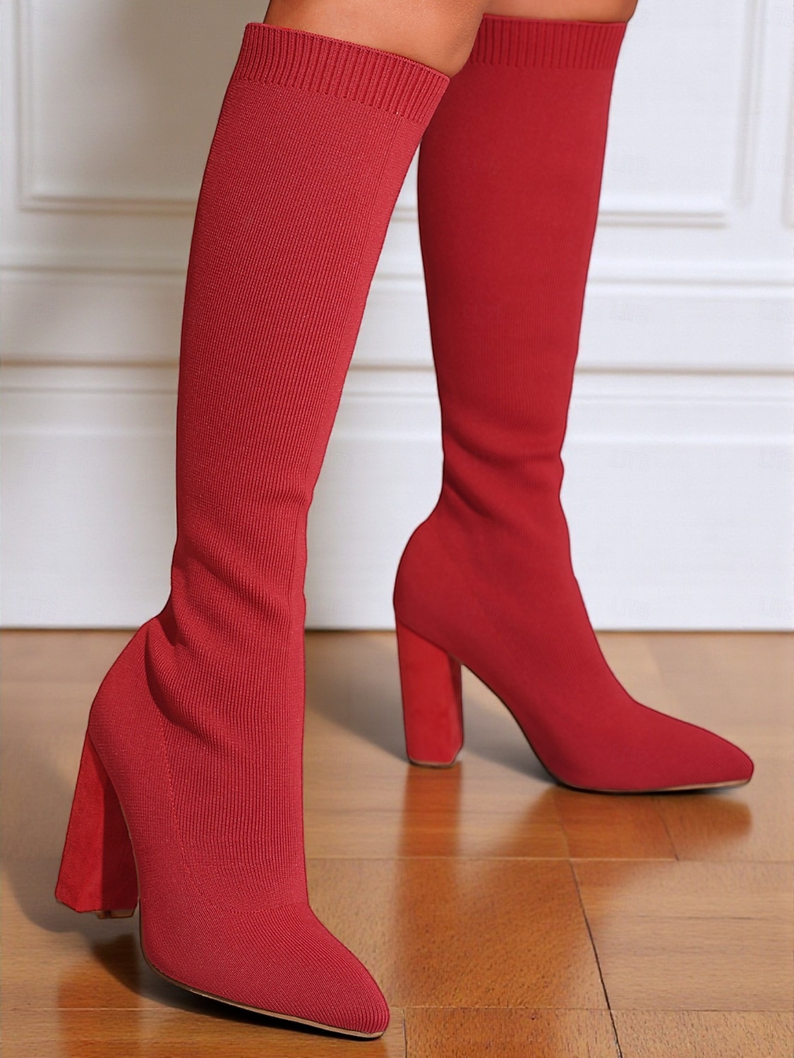 Botas altas hasta la rodilla rojas para mujer: botas largas de punto elástico, punta puntiaguda y tacón grueso para atuendos de otoño-invierno, fiestas y looks urbanos de moda. 2025 - $64.99 –P6