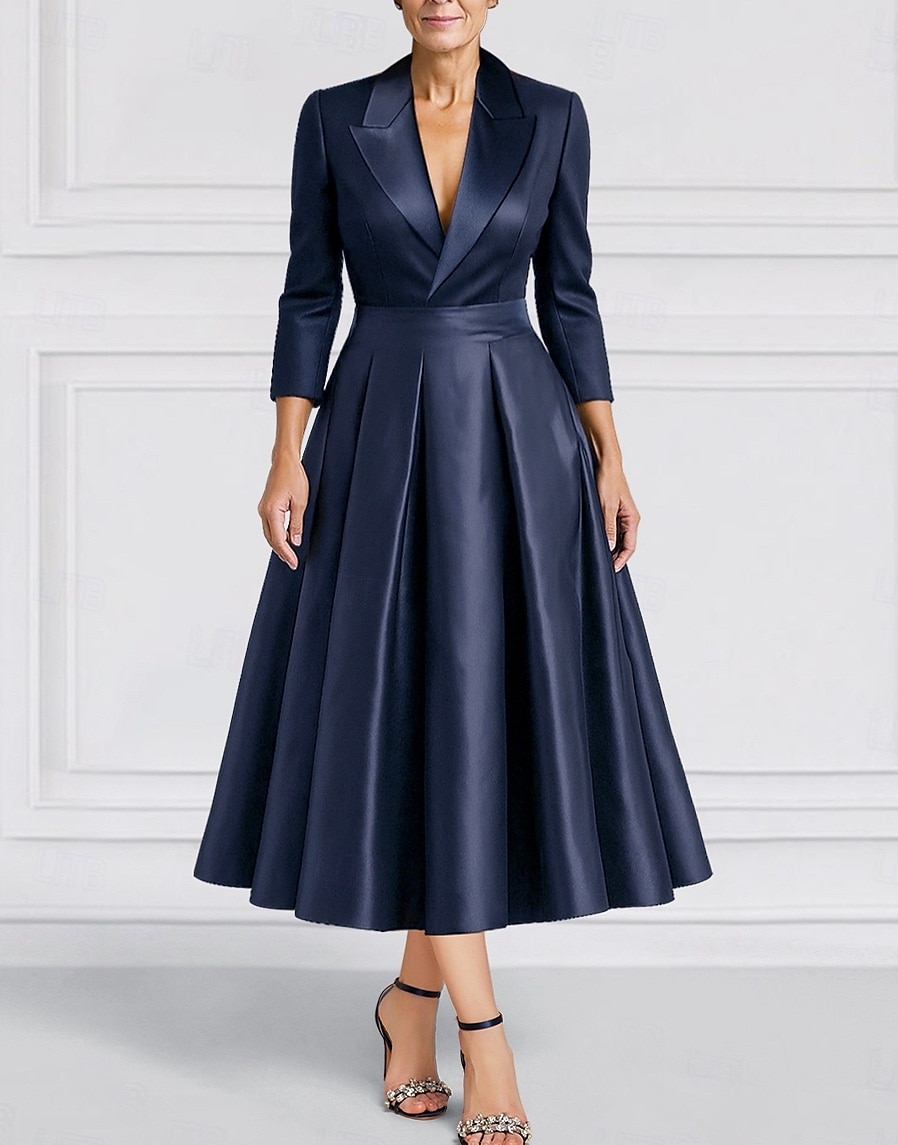 Women's Tuxedo Dress A-Line Formal Wedding Guest Satin Silk Elegant Vintage Long Sleeve Tea Length Peak Lapel 2026 - $159.99 –P5