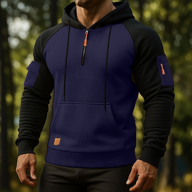 Homme Sweat à capuche Sweat à capuche quart zippé Sweat à capuche tactique Noir bleu marine Kaki Gris Clair Gris foncé À capuche Uni Patchwork Bloc de Couleur Multi-poches Sport & Loisir Occasionnel de 2026 ? $24.99 –P2