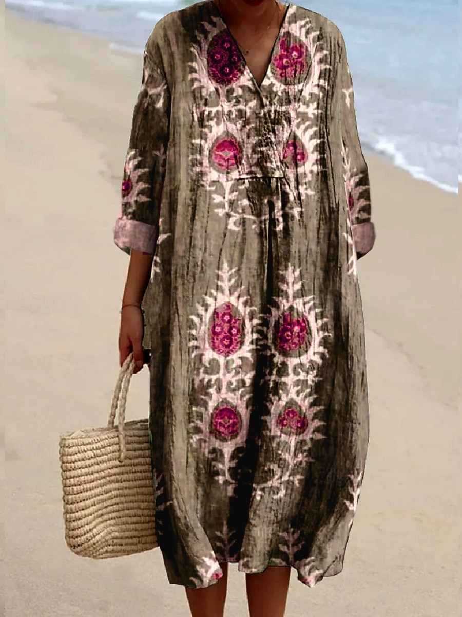 Damen Midikleid Sommerkleid A Linie Kleid Urlaub Lässig Boho Party Ferien Strand Lässiger Schnitt Blumen Grafik Langarm V Ausschnitt Salbeigrün Staubiges Blau Braun Sommer Frühling Herbst 2025 - $35.99 –P3