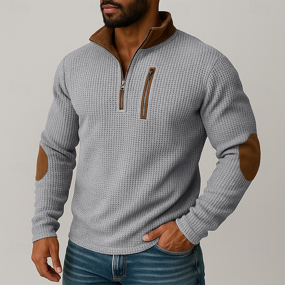 Herren T Shirt Waffelstrick T-Shirt T-Shirt Langarmshirt Langarm Viertelreißverschluss Herbst Frühling & Herbst Farbblock Texture Vintage Mode Lässig Patchwork Reißverschluss Viertel Postleitzahl 2026 - $21.99 –P1