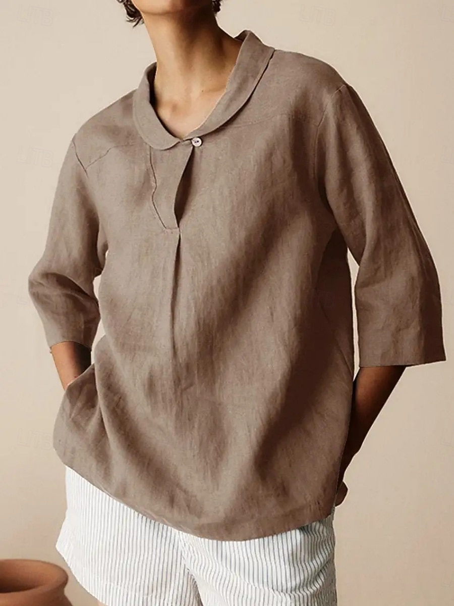 Per donna Camicie di cotone e lino Semplice Quotidiano Moderno Manica 3/4 Colletto a Camicia Top Regolari Quotidiano Bottoni Nero Arancione Marrone Cachi Grigio Estate Primavera Autunno del 2025 a $19.99 –P7