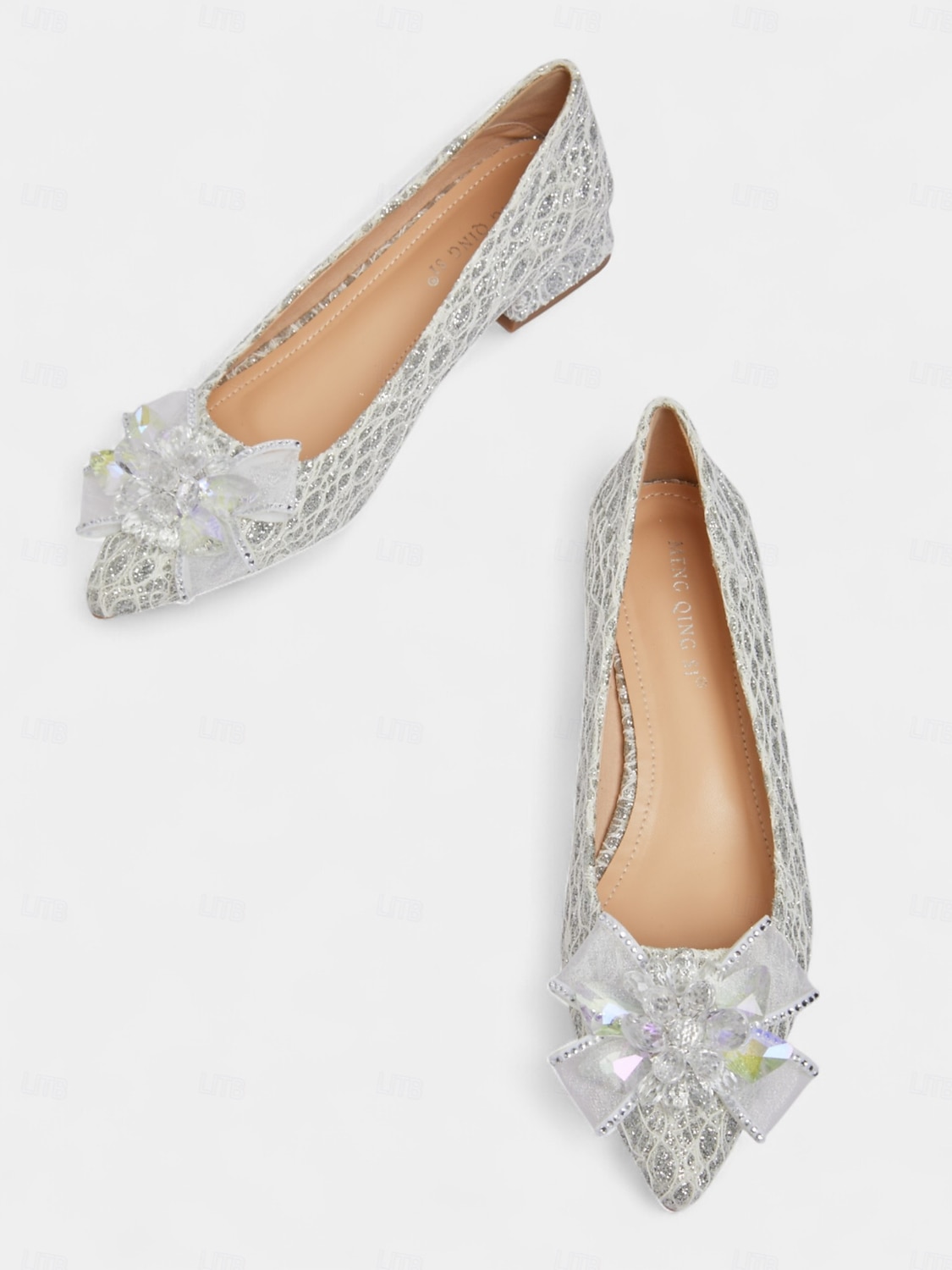 scarpe da sposa da donna con tacco basso e blocco in pizzo glitterato - eleganti décolleté da sposa con punta a punta e fiocco di cristalli per spose, damigelle ed eventi formali del 2025 a $34.99 –P1