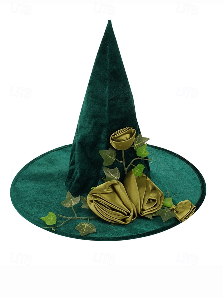 Dámský zelený sametový čarodějnický klobouk se saténovými růžemi a břečťanem – elegantní halloweenský kostýmní klobouk na večírky a tematické akce 2025 - $14.99 –P5