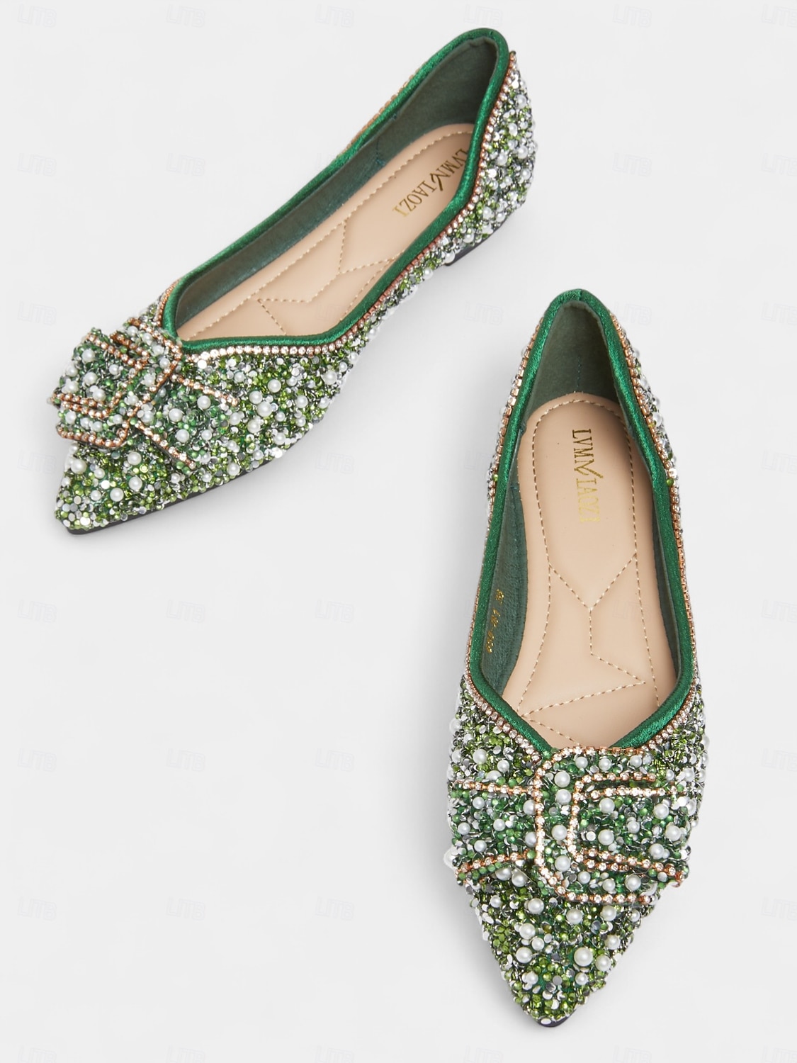 Women's Green Rhinestone Pearl Flats - Pointed Toe Slip-On Dress Shoes with Buckle Detail for Cocktail Parties & Evening Events 2026 - $42.99 –P3