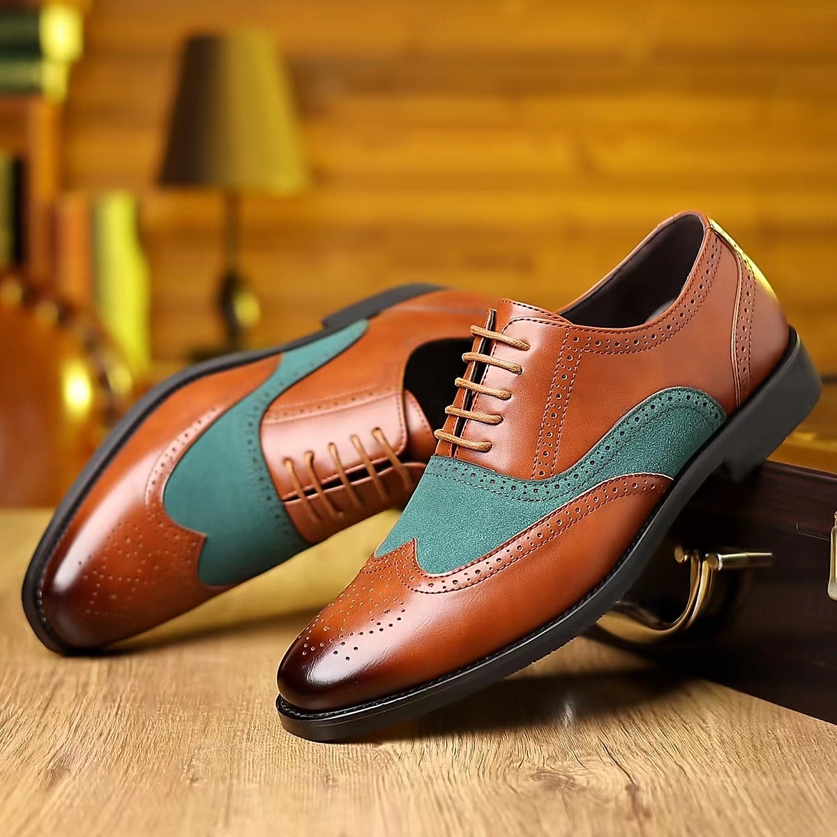 Sapatos oxford masculinos bico fino bicolor marrom e verde – brogues estilosos de couro sintético para looks casuais elegantes de 2025 por $42.99 –P5