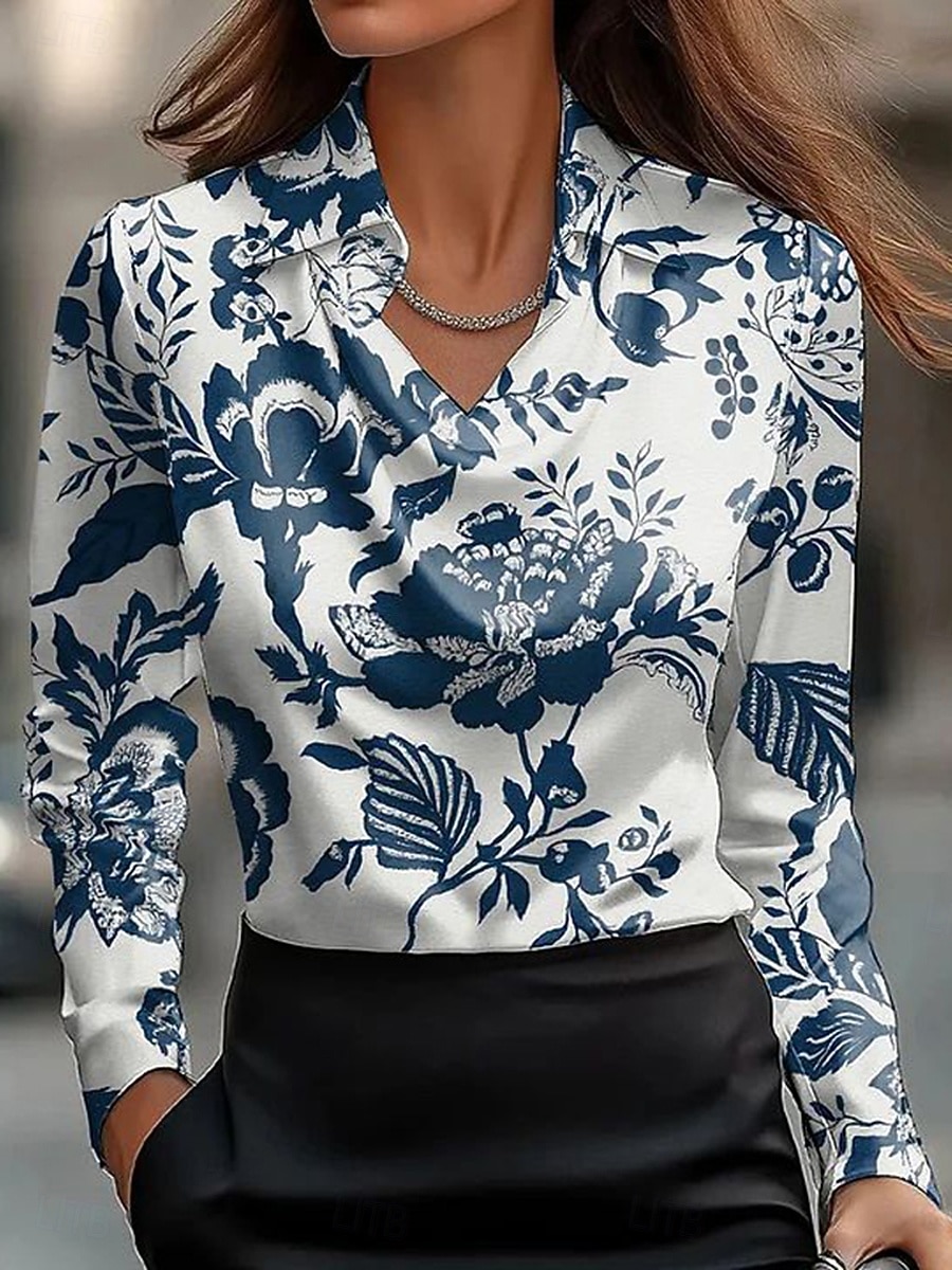 Dame Skjorte Blomstret Grafisk Elegant Stilfull Fritid Langermet Cowl-hals Vanlige topper Arbeid Festkveldsklær Daglig Rynket Drapering Rosa Navyblå Blå Grønn Sommer Høst 2025 - $29.99 –P4