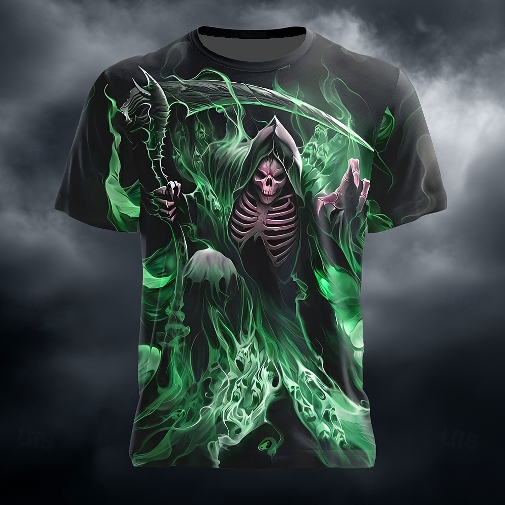 Voor heren Magere Hein 3D Maaimachine T-shirt Korte mouw T-shirt 3D-afdrukken Strakke ronde hals Overhemd overdreven Ontwerper Verschrikking Club Feest Straat blauw Groen Zomer Lente Alle seizoenen 2026 - $22.99 –P2