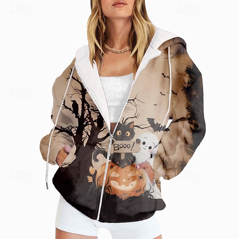 Mulheres Jaqueta casual Casaco com capuz Manter Quente Confortável Zíper Bolsos Imprimir Moda Flor Ao ar livre Para Noite Zíper Padrão Com Capuz Normal Manga Longa agasalhos Preto Roxo Laranja Outono de 2025 por $22.99 –P4