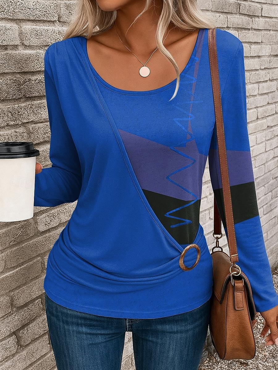 Femmes T-shirt Graphique Géométrique ancien Élégant Occasionnel manche longue Col ras du cou Hauts Réguliers Quotidien Patchwork Imprimé Jaune Rouge Bleu Bleu Poudré Violet Automne Hiver de 2025 ? $24.99 –P6