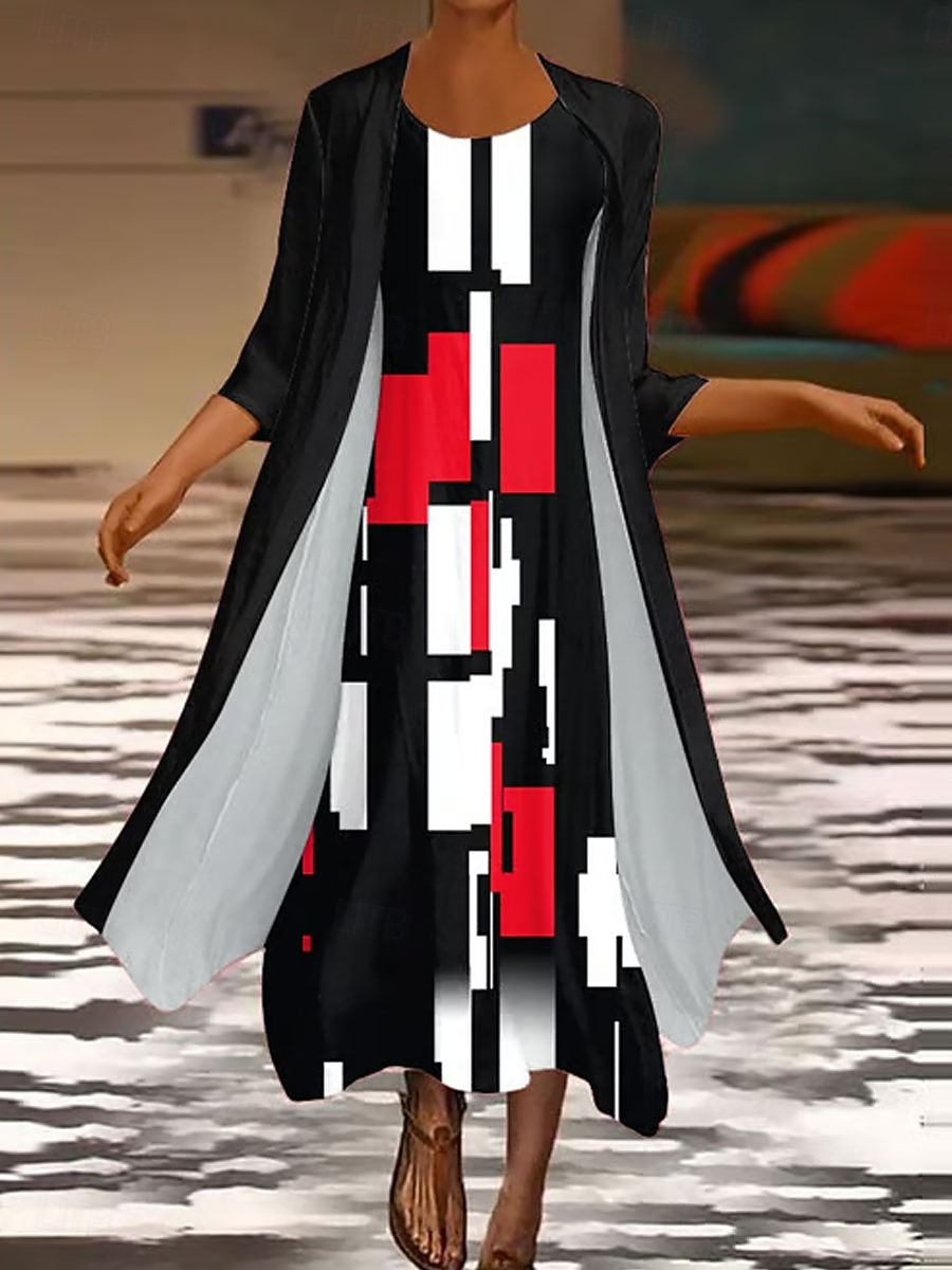 Pentru femei Set de rochii Rochie Maxi Rochie de schimb Rochie de vară Casual Grafic Geometric Multistratificat Imprimeu Rochie Maxi Lungime Manșon 3/4 Stil Nautic Zilnic Alb Roșu-aprins Primăvar 2025 - $38.99 –P1