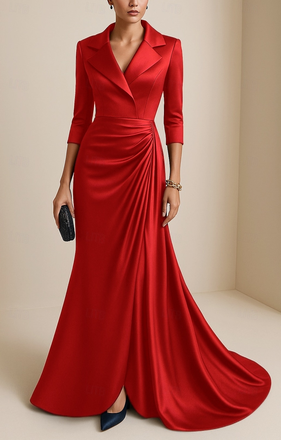 Sirena / Tromba Abito da Sera Elegante Vestito Formale Matrimonio Lunghezza al pavimento Manica 3/4 Bavero Raso Elasticizzato con Pieghe Volant 2025 del 2025 a $149.99 –P3