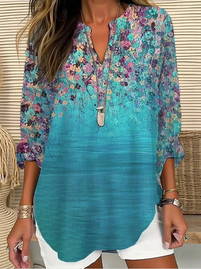 Blusa da donna in lino simile traspirante leggera tunica scollo a V a maniche lunghe boho casual grafico geometrico color block elegante bohemia vintage da indossare quotidianamente stampa blu denim del 2026 a $32.99 –P6