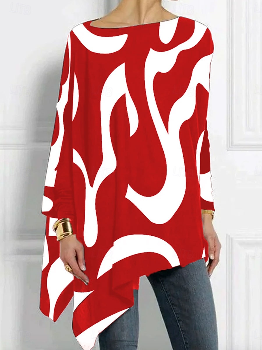 Damen T-Shirt Langarm Grafik Geometrisch Abstrakt Vintage Stilvoll Klassisch Langarm Rundhals Lange Oberteile Täglicher Druck Asymmetrisch Schwarz Rot Blau Lila Frühling Herbst Vorherherbst 2026 - $29.99 –P2