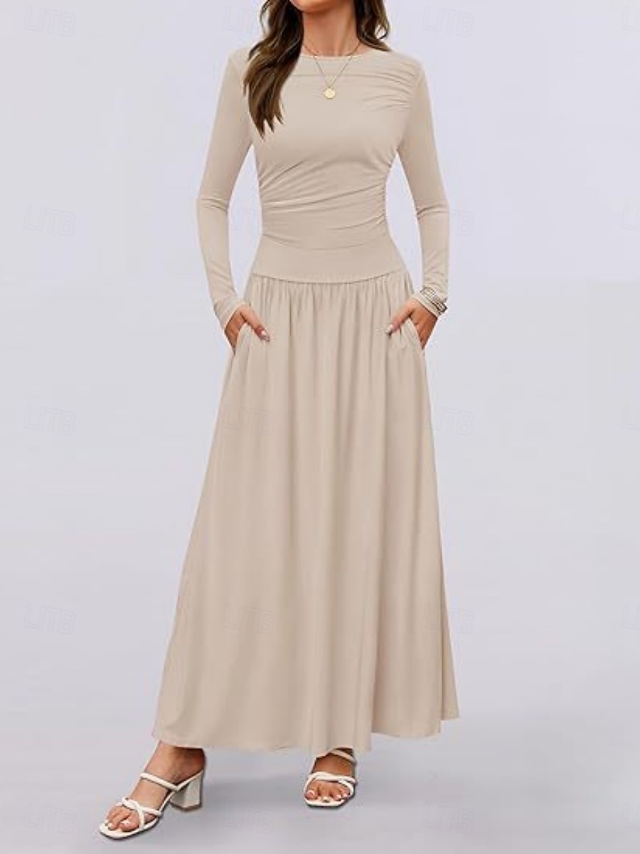 Dames Maxi-jurk Trui-jurk A lijn jurk Casual Dagelijks Normale pasvorm Effen Lange mouw Strakke ronde hals Zwart Blozend Roze Rood Bruin Lente Herfst Winter 2025 - $29.99 –P2