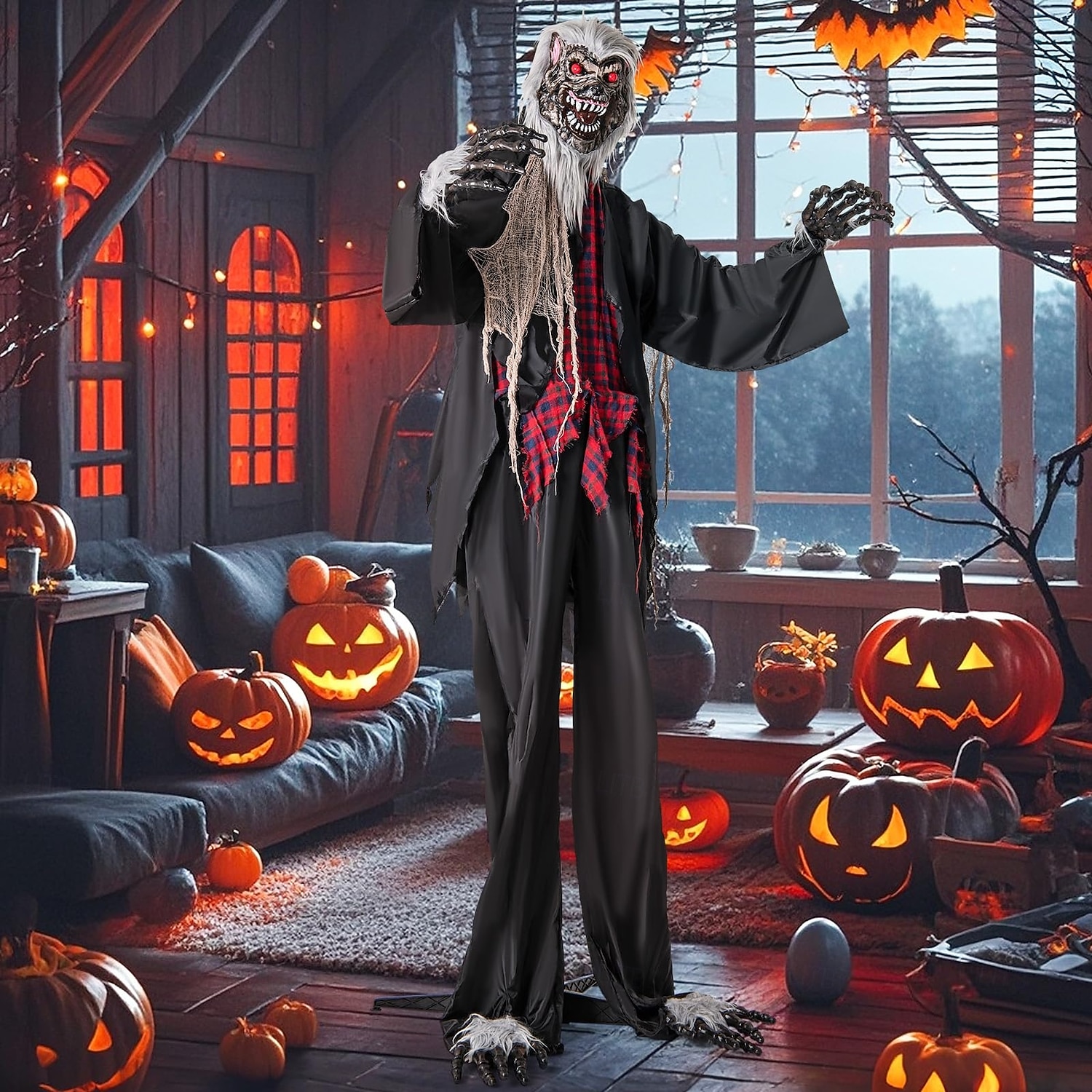 Halloweenská animatronika, zvukem aktivovaný vlkodlak se zářícíma očima a děsivými zvuky, obří animovaná venkovní halloweenská dekorace, pánský doplněk 2025 - $251.09 –P8