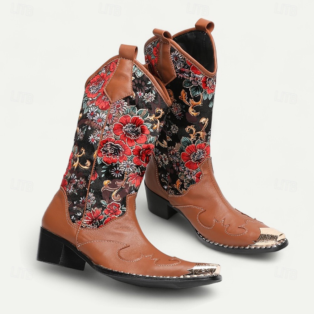 ブラウン ウエスタンブーツ 花柄刺繍 ブラウン刺繍ウエスタンブーツ