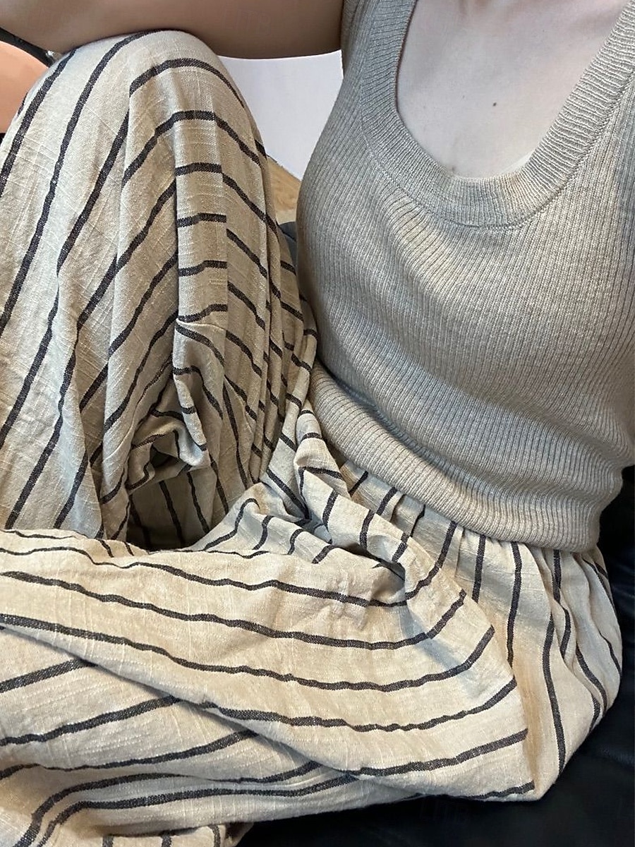 pantaloni culottes in misto lino da donna, gamba larga, stile etnico vintage, lunghezza intera, vita media, a righe, comodi, traspiranti, anelastici, per le vacanze, per la casa, tutti i giorni, beige del 2025 a $43.99 –P4