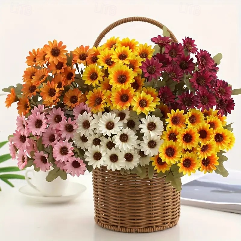 5 maços de flores artificiais de outono, crisântemos do pôr do sol, flores artificiais de outono para áreas externas com margaridas e eucalipto, plantas de floração plena, resistentes a raios UV, à de 2025 por $20.99 –P2