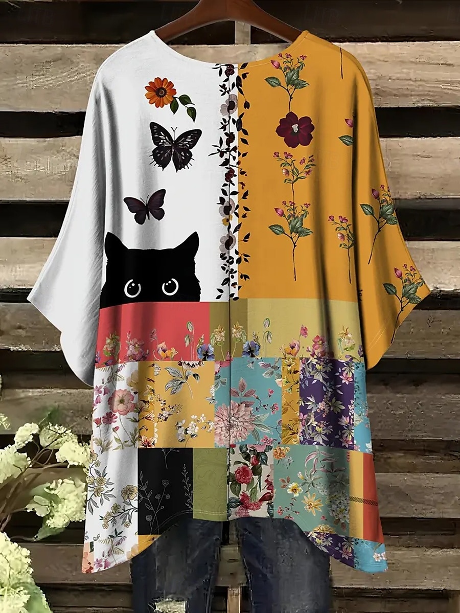 Dame Bluse Grafisk Dyr Katt Årgang Daglig Fritid Halvlange ermer Flaggermusermer Crew-hals Lange topper Daglig Ferie Strand Klær Assymetrisk Gul Rød Blå Kamel Grå Sommer Vår 2025 - $22.99 –P6