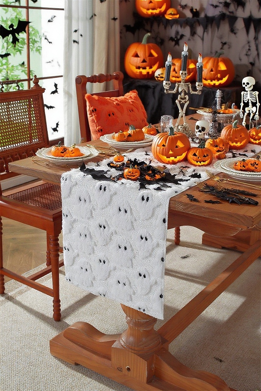 Halloweenský běhoun na stůl, vlaječka na stůl s 3D výšivkou duchů - dekorace z umělé kožešiny s černým okem a malým ďáblem, černobílý sváteční ubrus na dekoraci na párty a stolování 2025 - $9.49 –P2