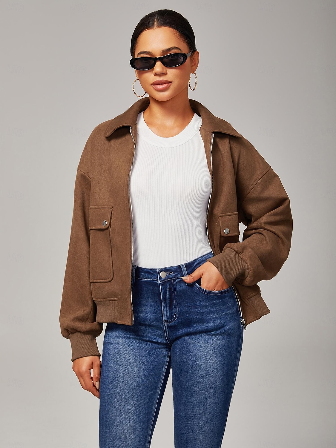 giacca da donna in finta pelle scamosciata con cerniera, collo con revers, finiture a costine, chiusura con cerniera, tasche foderate, casual, elegante, per tutti i giorni, autunno del 2025 a $98.99 –P1