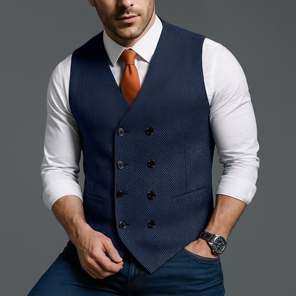 Homme Gilet Formel Vacances Quotidien Fête de mariage Mode Classique Printemps Automne Avec Poches Boutons Polyester Confortable Uni Chevrons Double Boutonnage Col en V Coupe Slim Noir Rouge bleu de 2025 ? $39.99 –P7