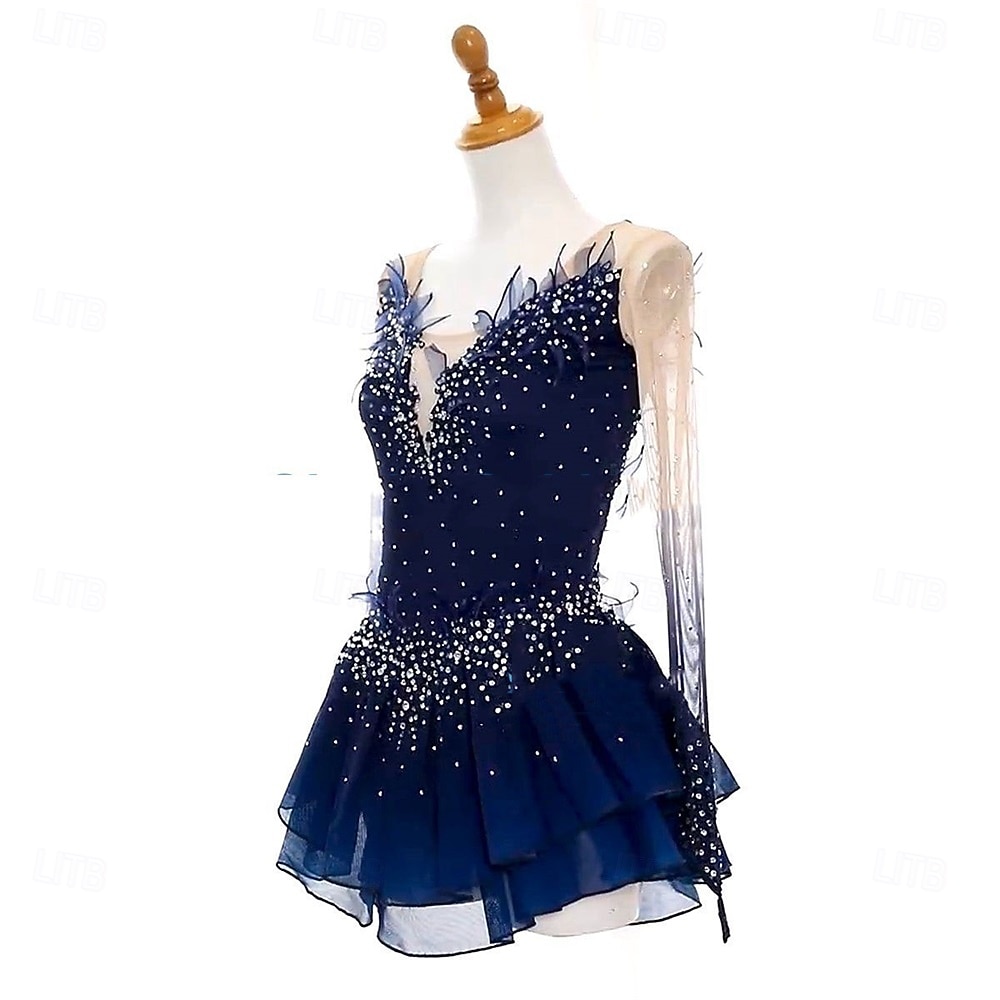 Figure Skating Dress Women's Girls' Ice Skating Dress Navy Blue Open Back Asymmetric Hem Mesh High Elasticity Training Competition Skating Wear Classic Crystal / Rhinestone Long Sleeve Ice Skating Figure 2026 - $239.39 –P5