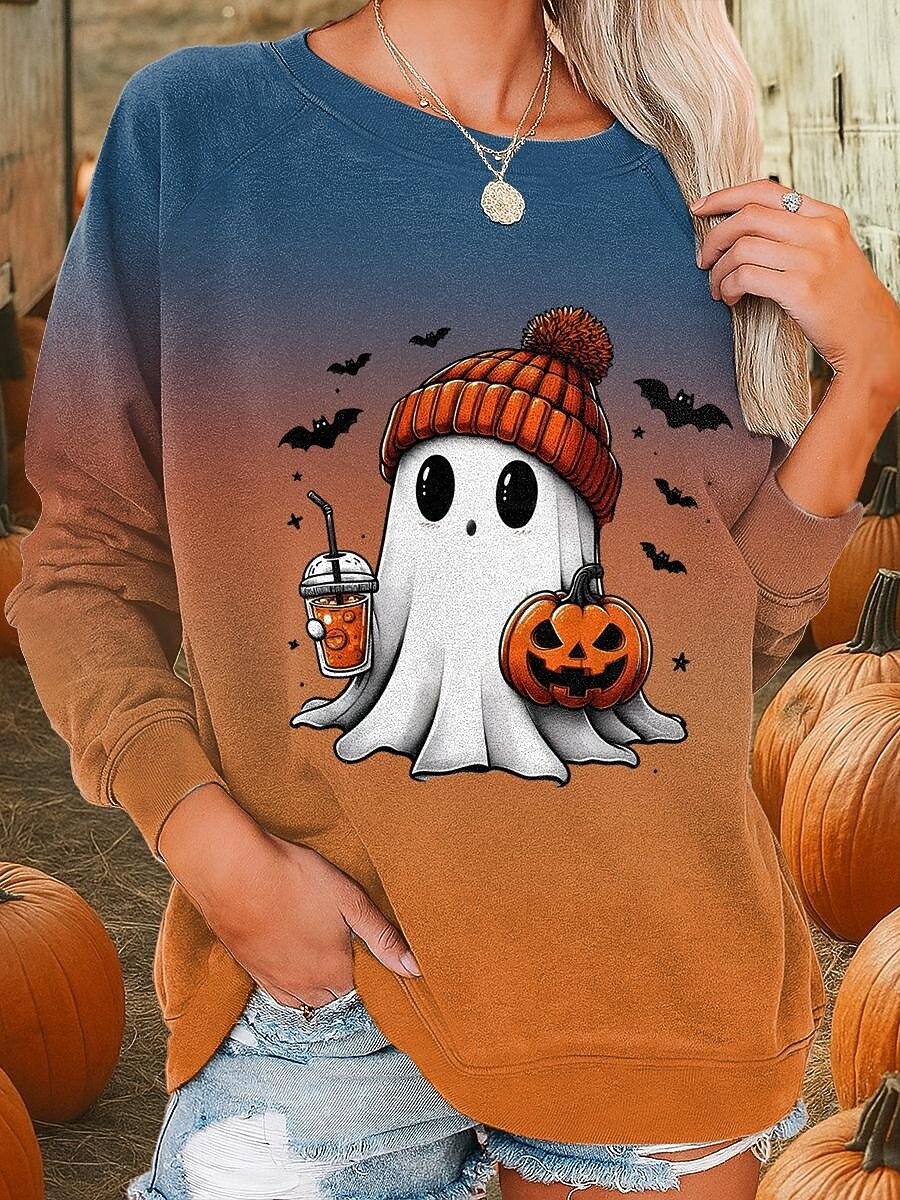 halloween damtröjor grafisk mode casual långärmad rund hals vanlig topp gata vardagskläder casual tryck blå lila orange grön höst vinter 2025 - $22.99 –P1