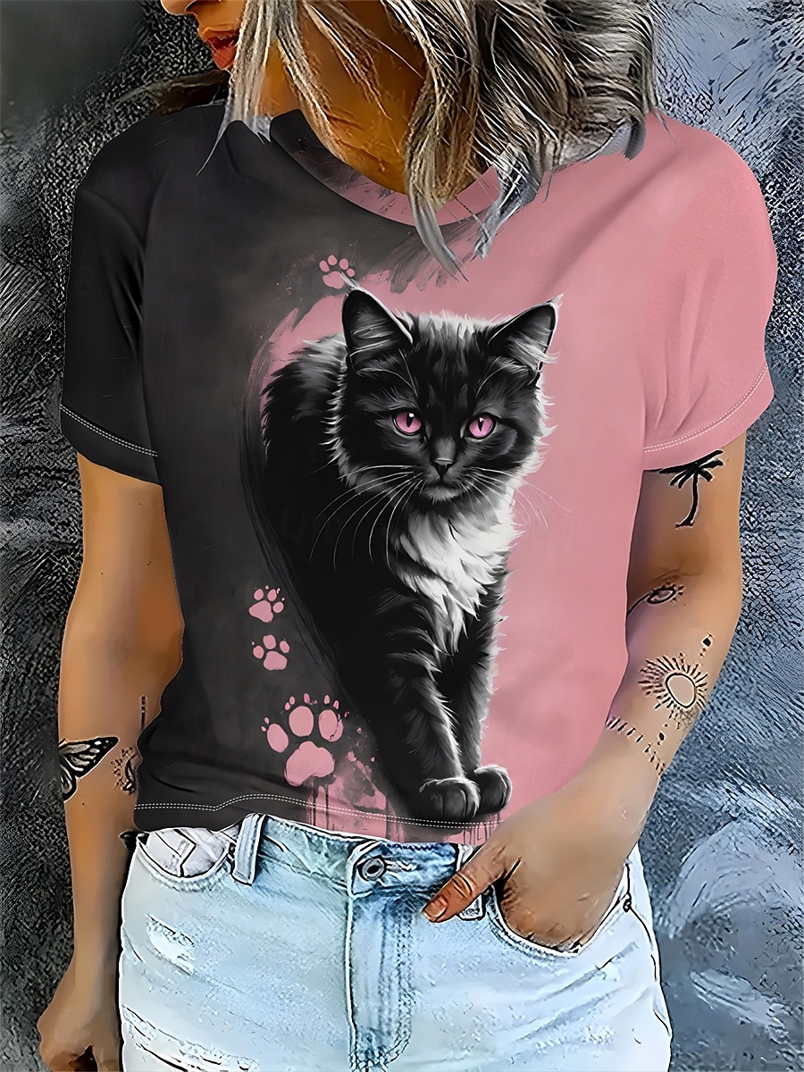 Damen T Shirt Druck Ombre Grafik Tiermotiv Vintage Stilvoll Klassisch Kurzarm Rundhalsausschnitt Rundhals Normale Oberteile Täglich Wochenende Rosa Sommer Frühling Herbst 2026 - $22.99 –P1