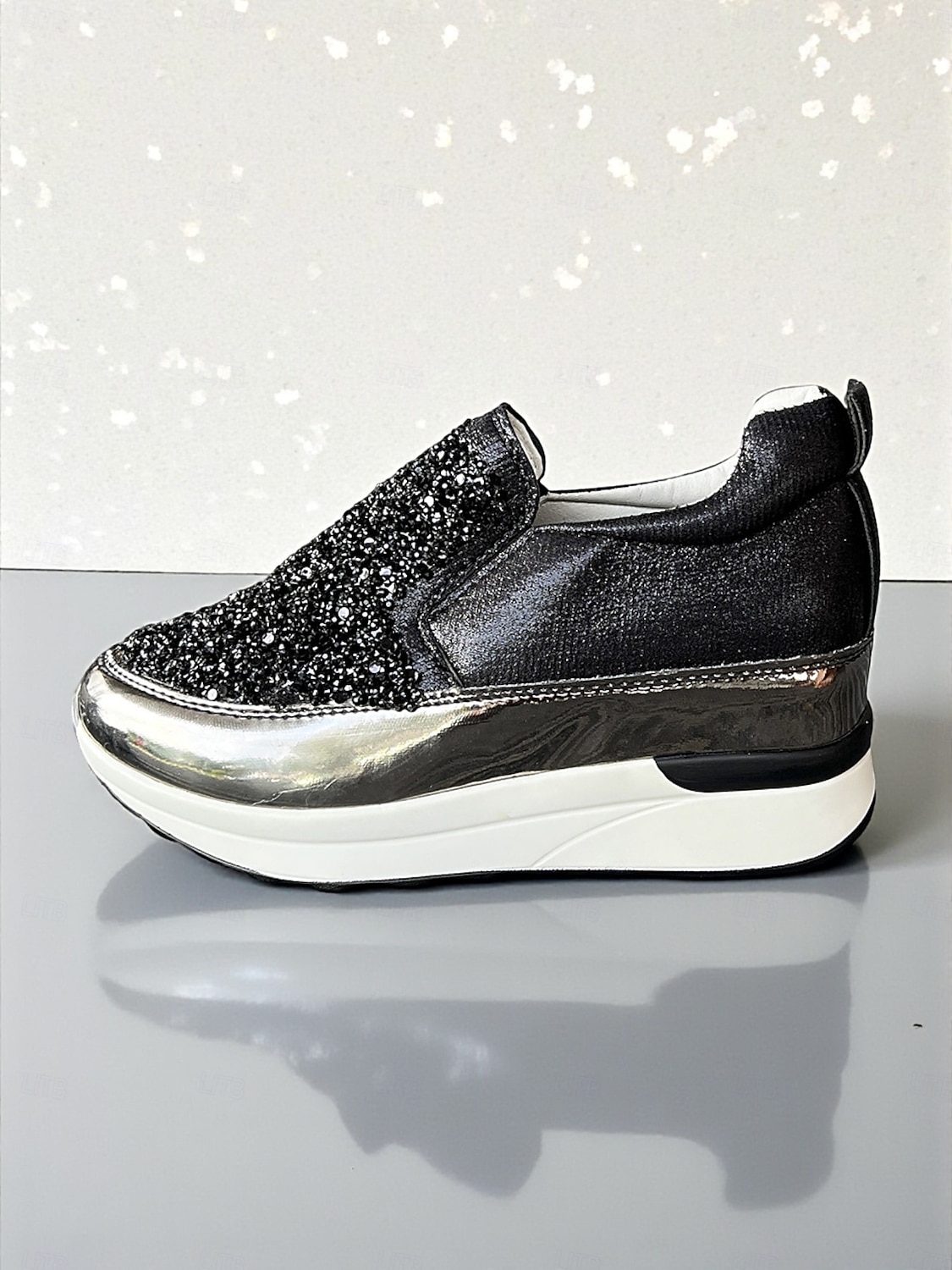 sneakers slip-on da donna nere glitterate con dettagli metallici: sneakers con plateau alla moda, perfette per le feste notturne e le uscite informali del 2026 a $29.99 –P5