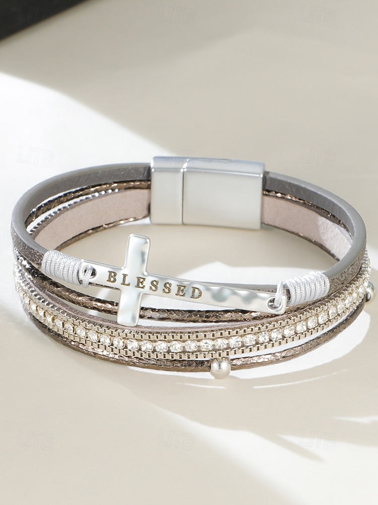 Dámský vícevrstvý náramek s křížkem a kamínky – inspirativní „požehnaný“ náramek z umělé kůže pro běžné nošení, do kostela i na zvláštní příležitosti 2026 - $9.99 –P10