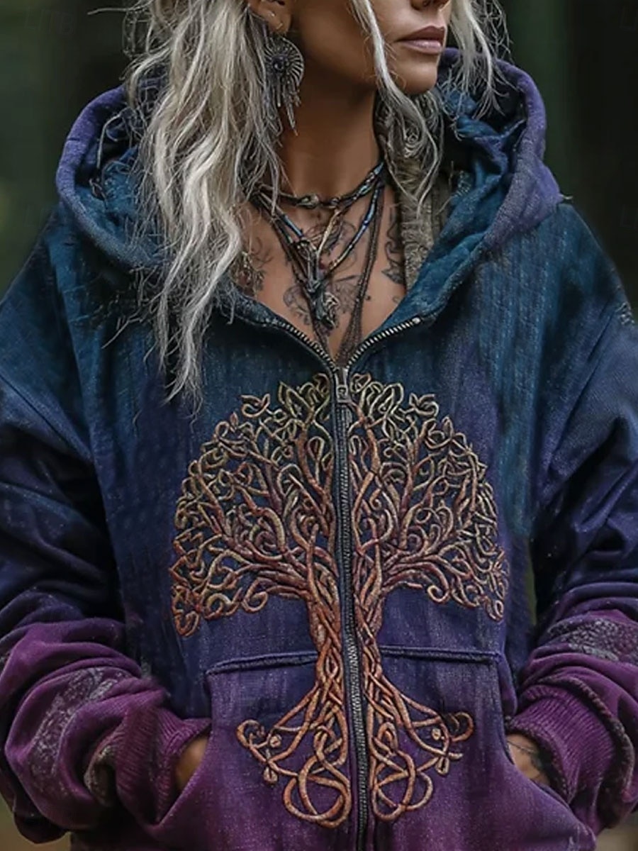 Sudadera con capucha boho vintage de impresión 3D para mujer sudadera con parches florales cierre de cremallera gráfica tribal moda casual de manga larga con capucha tops regulares uso diario bolsa 2026 - $39.99 –P2