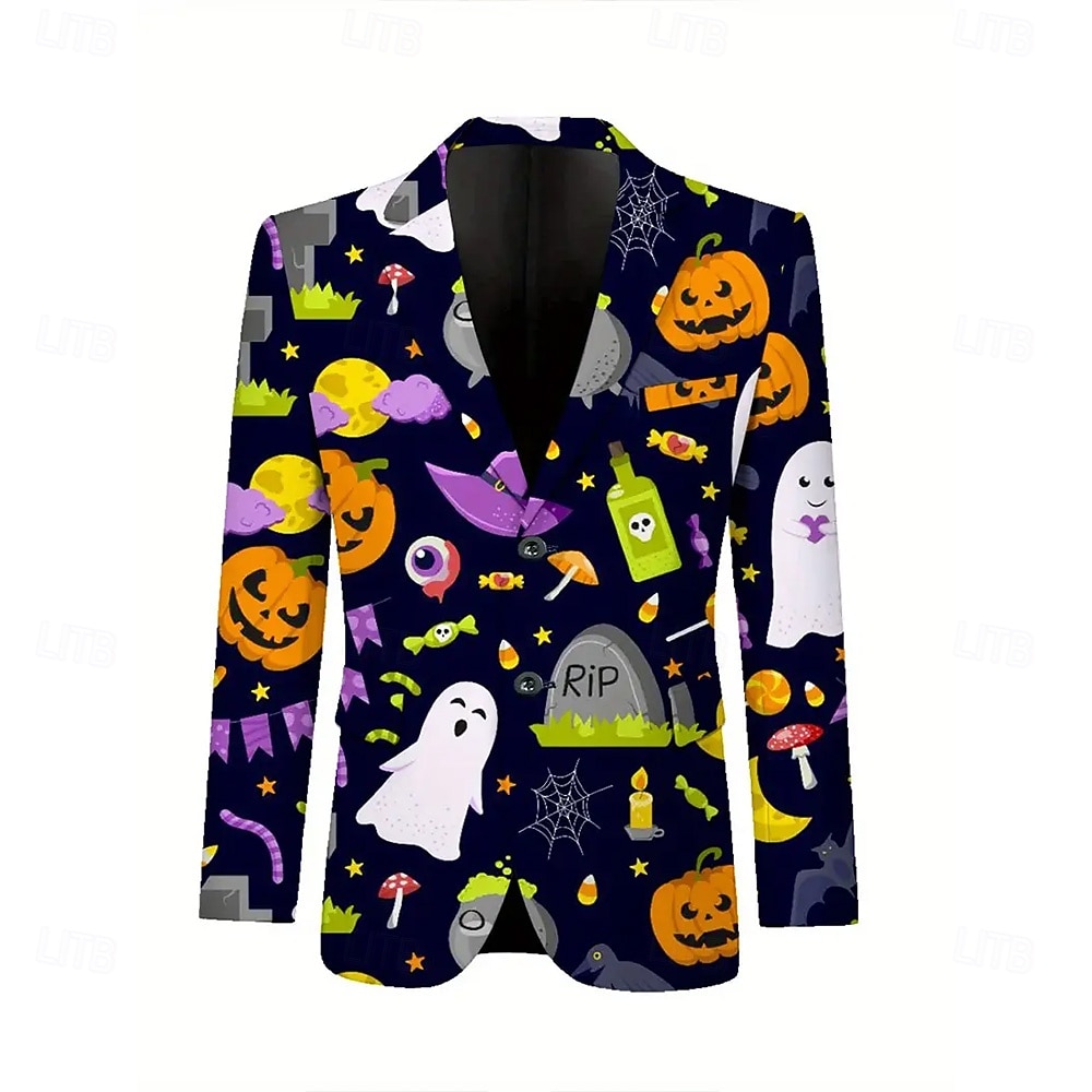 Halloween Męskie Płaszcz Marynarka Na zewnątrz Ulica Codzienny Codzienne W stylu brytyjskim Na każdy sezon 100% poliester Dynia Druk 3D Guziki Keep Warm Wygodny Guziki jednorzędowe Blezer Niebieski 2025 - $73.99 –P3