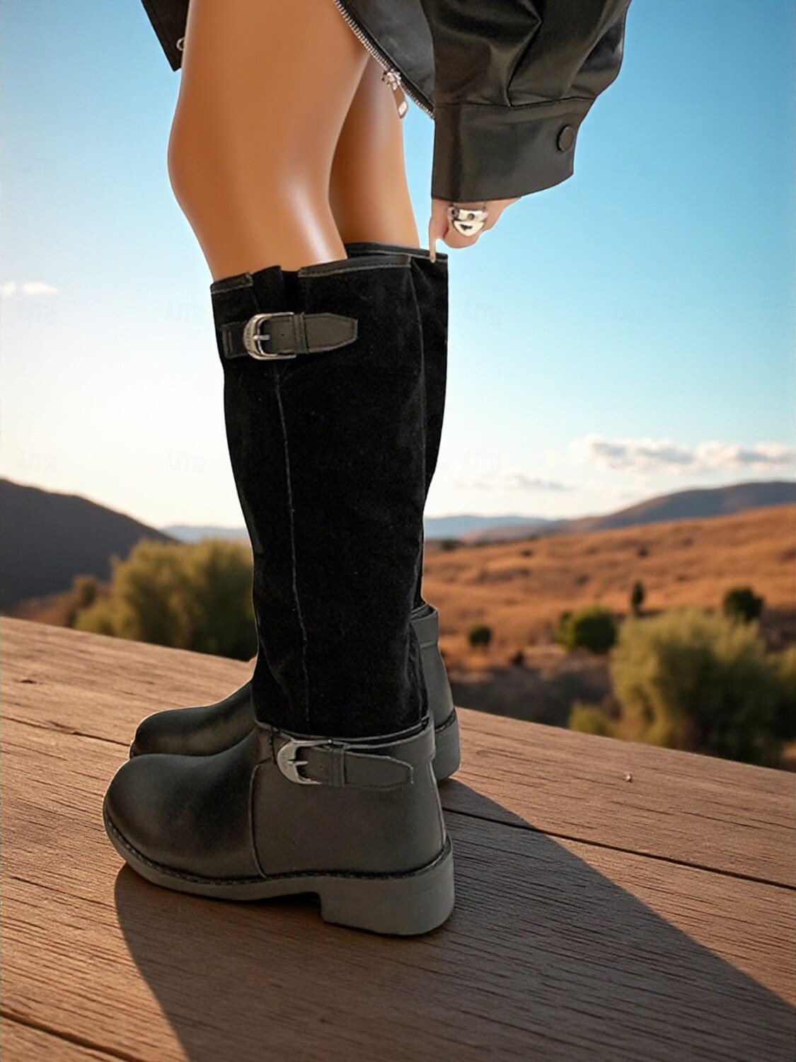 bottes hautes à tige réglable pour femmes - combinaison de daim et de similicuir avec détail de boucle, chaussures de style équitation à la mode pour les tenues décontractées urbaines et les vêtements de 2025 ? $54.99 –P6