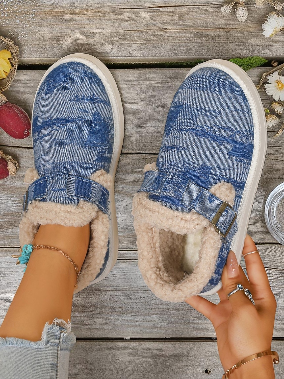 Botines de nieve para mujer con forro polar vaquero: zapatos de invierno cálidos e informales sin cordones con correa de velcro para viajes y paseos al aire libre. 2026 - $32.99 –P3