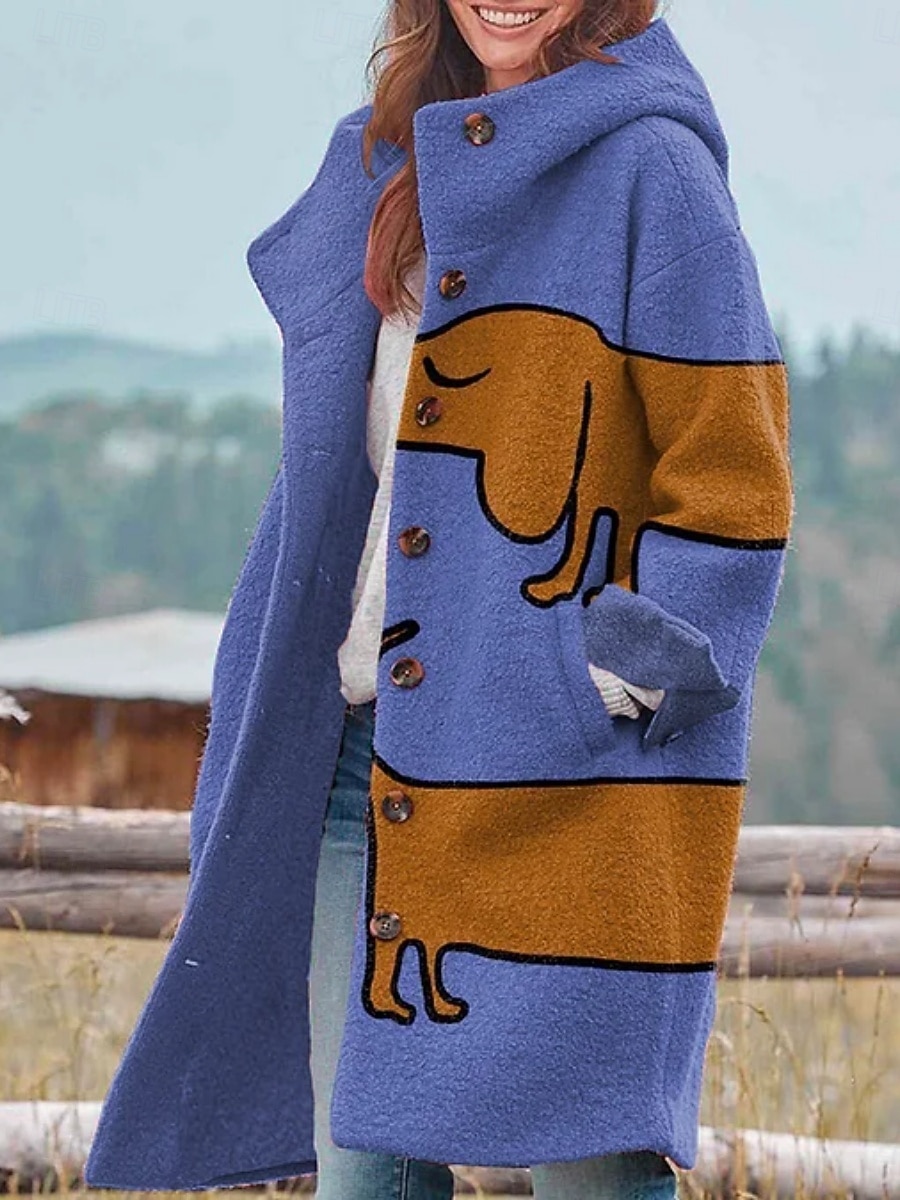 Dame Vinterjakke Fleece-jakke Frakk Hold Varm Pustende Lomme Knapper Trykt mønster Aktiv Daglig Fritid Dyr Feriereise Gate Daglig Enkeltkneppet Lang Hettegenser Normal Langermet Yttertøy Svart Hvit 2025 - $46.99 –P5