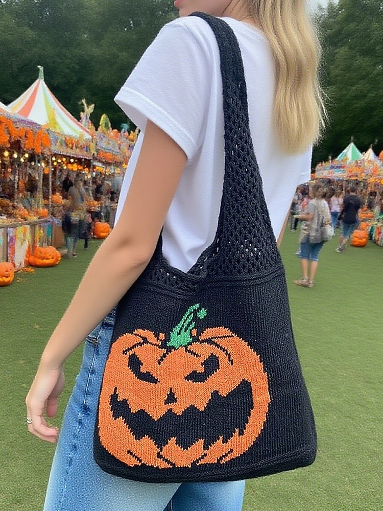 Dámská pletená taška s motivem dýně na Halloween, černá kabelka přes rameno, ležérní nákupní taška na koledování na festivaly, večírky a každodenní nošení 2025 - $14.99 –P2