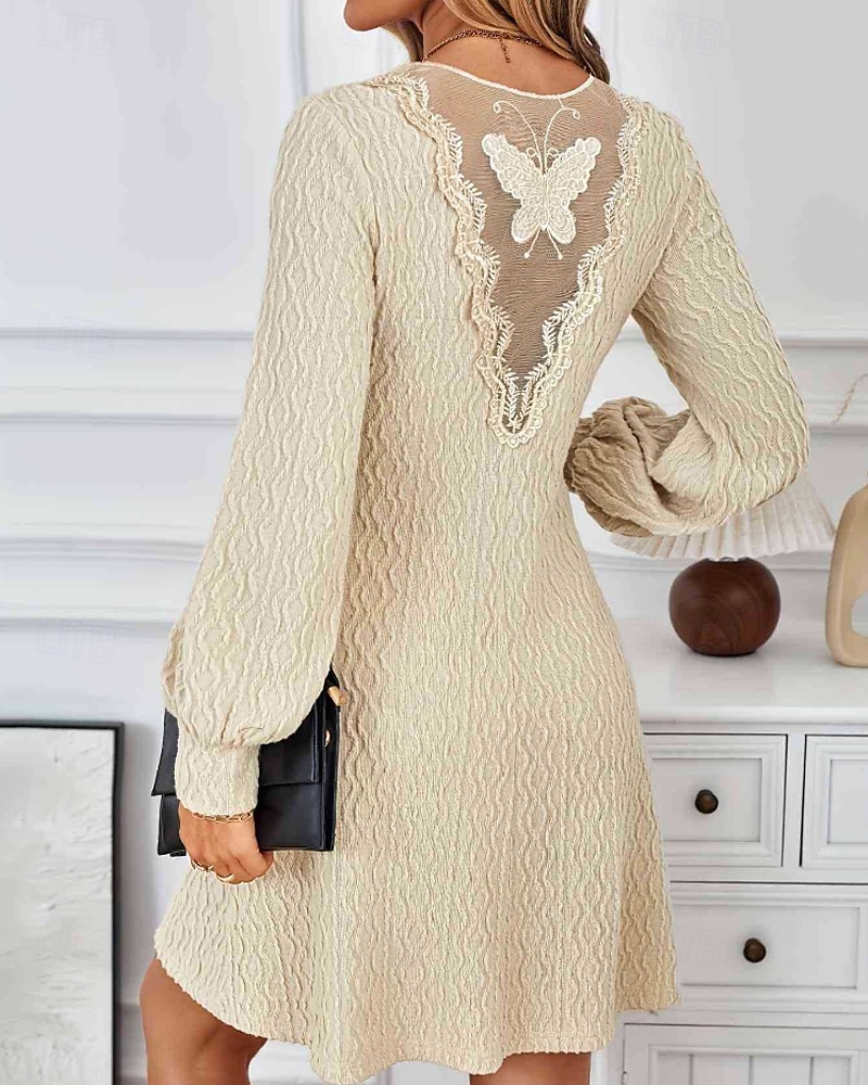 Damen Minikleid Spitzenkleid Freizeitkleid Mode Modern Laternenärmel Outdoor Urlaub Ausgehen Normale Passform Einfach Langarm V Ausschnitt Aprikose Herbst 2025 - $25.99 –P5