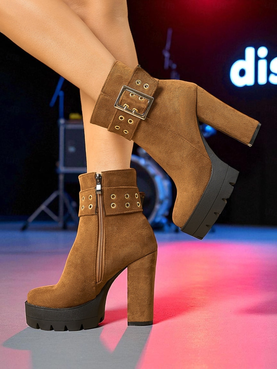 bota feminina plataforma de camurça preta com salto grosso e fivela dourada &fecho de zíper - festa ousada &calçados de concerto para looks de outono e inverno de 2025 por $59.99 –P1