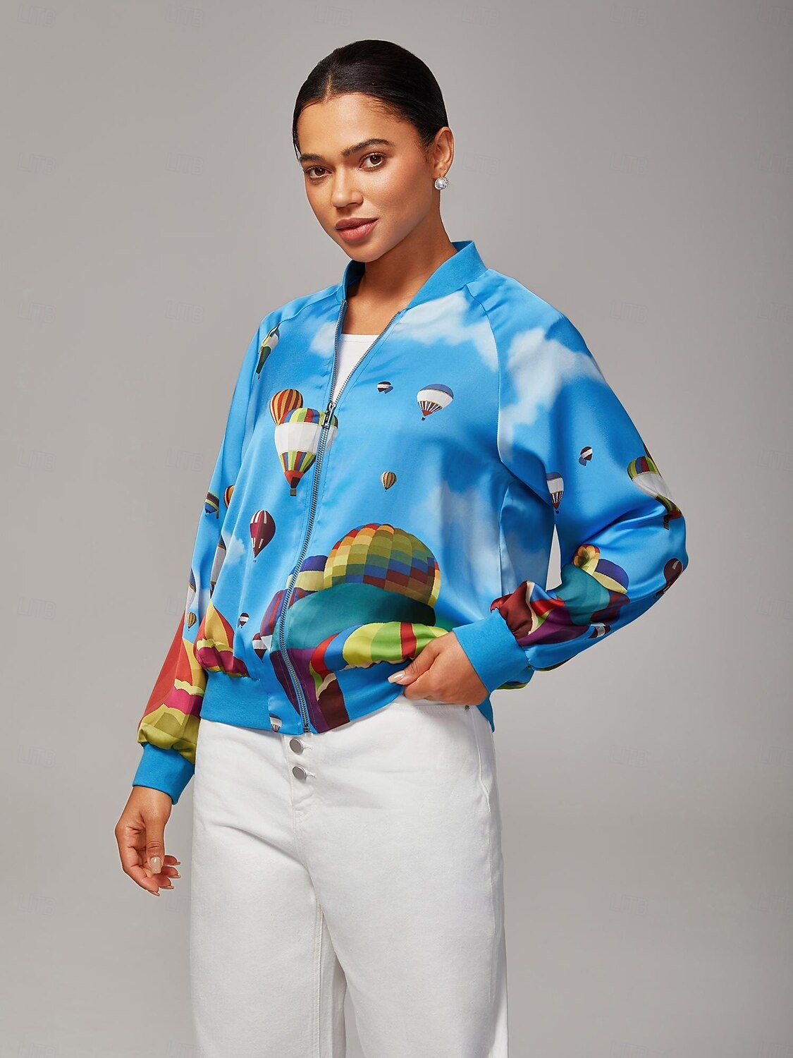 Giubbotto bomber da donna con stampa a mongolfiera, collo a coste, foderato, elegante, casual, da indossare tutti i giorni, da lavoro, autunno del 2025 a $78.99 –P6