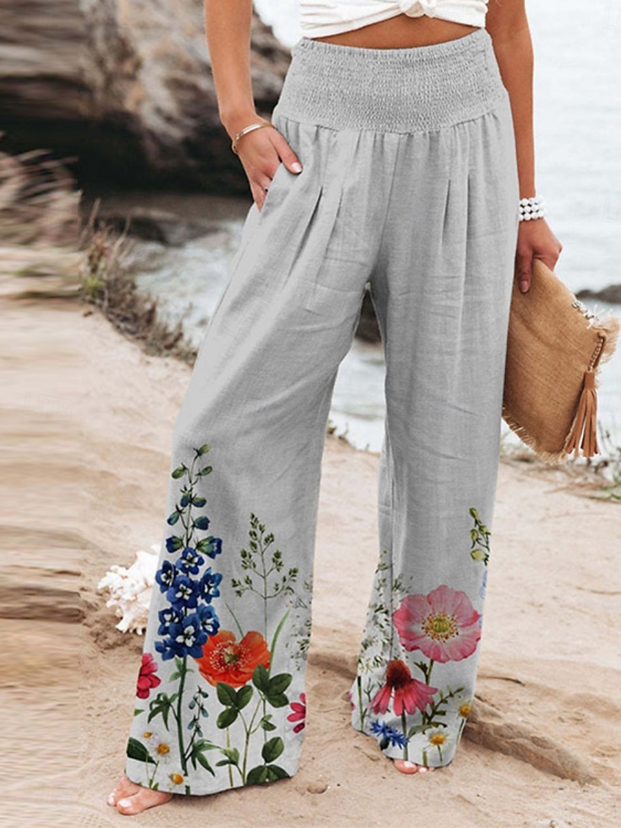 Per donna Pantaloni in cotone e lino Gamba larga Chinos Vacanza Vintage Stile Etnico Lunghezza intera Vita Alta Floreale Tasca Elastico in vita Stampa Comodità All'aperto Elasticizzato Streetwear del 2025 a $19.99 –P2