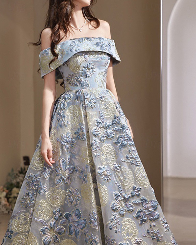 Jacquard Brocade A-Lijn Prom Jurken Elegante Jurk Bruiloft Gast Avondfeest Vloerlengte Off Shoulder Mouw met Bloemenprint Bruiloft Gast Jurk 2025 - $99.99 –P4