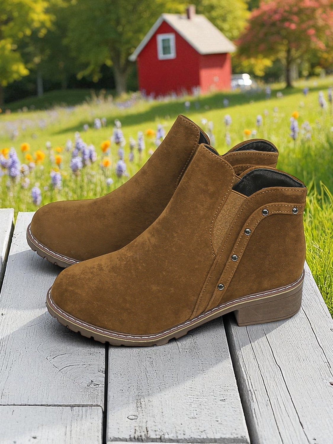 Botines Chelsea de tacón grueso para mujer: botines de punta redonda con detalle de tachuelas para la moda de otoño, visitas a granjas y paseos al aire libre. 2025 - $24.99 –P1