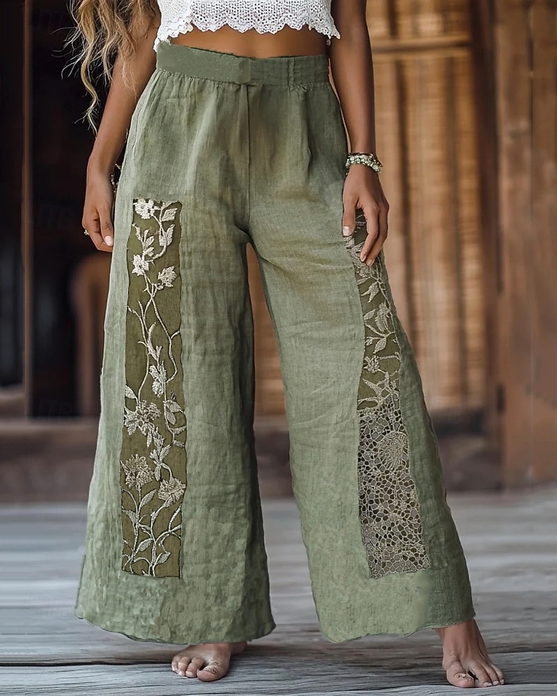 Femmes Jambe large Pantalons Pantalon palazzo ancien Boho Longueur complète Taille haute Fleur Taille Élastique Impression Respirabilité Confortable Rue Tenue quotidienne Sortir Vert Printemps Automne de 2025 ? $19.99 –P1