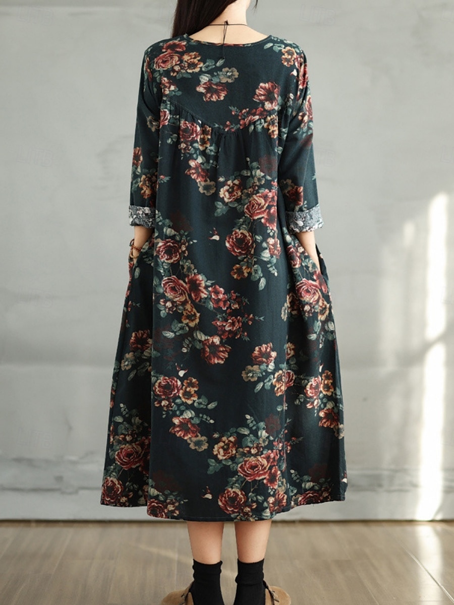 Femmes Robe maxi Robe trapèze Occasionnel Quotidien Coupe régulière Fleuri manche longue Col ras du cou Bleu marine Rouge Vert foncé Marron Été Automne de 2025 ? $36.99 –P9