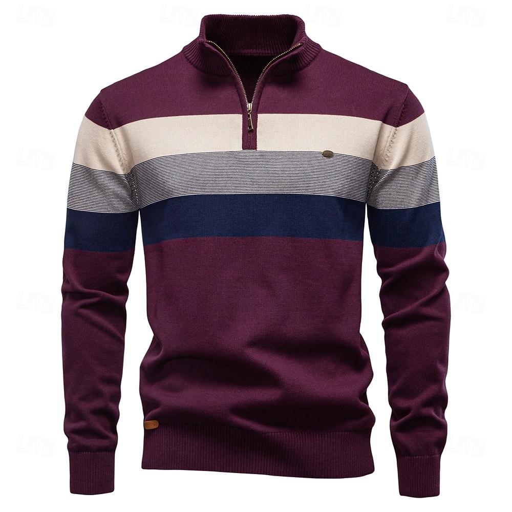Homme Pull Tricoter Hauts Réguliers Demi-zip Bandes Rayé Col montant ancien Frais École Vacances Vêtement Tenue Printemps Automne Noir Violet S M L de 2025 ? $50.99 –P1