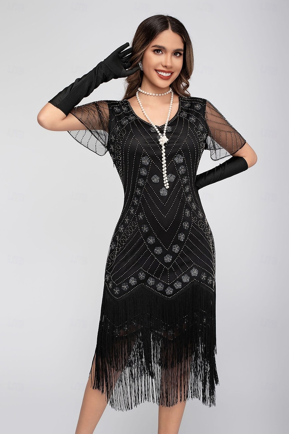 Rugido 20s 1920s Hasta la Rodilla Vestido Flapper Mangas cortas El gran Gatsby Chica de la aleta Lentejuelas Franja Funda Columna Escote en Pico Disfraz Mujer Navidad Carnaval Fiesta de Noche Boda 2026 - $46.99 –P8